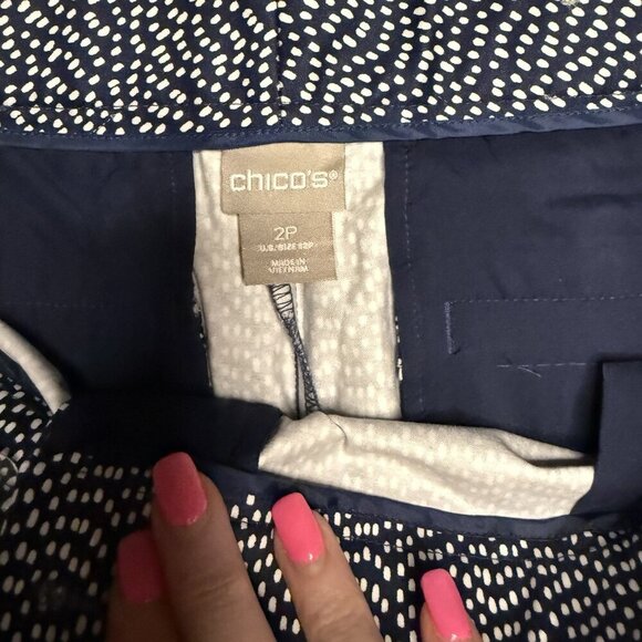 Chico's Pants Women's 2P Navy Blue Polka Dot Ankle High Rise Stretch - Picture 4 of 7